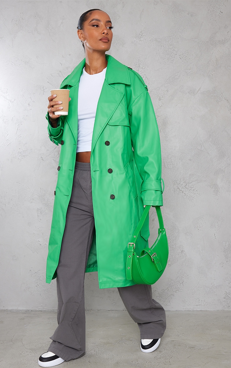 Bright Green Pu Statement Buckle Trench Coat Prettylittlething Usa