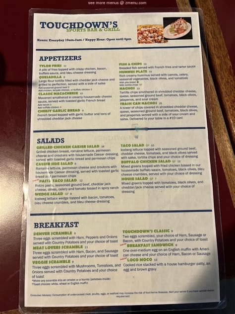 Carta De Touchdown S Sports Bar Grill Shoreline