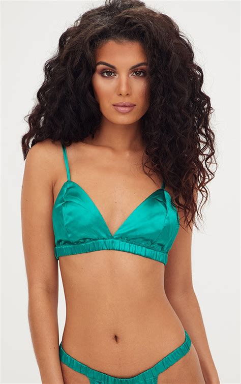Emerald Green Satin Triangle Bra Prettylittlething