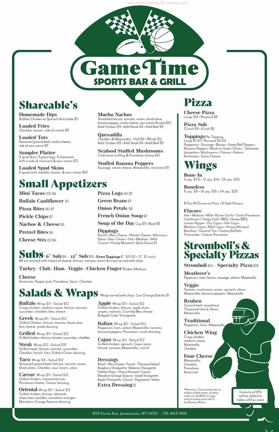 Free Game Sports Bar & Grill Menu Highlights