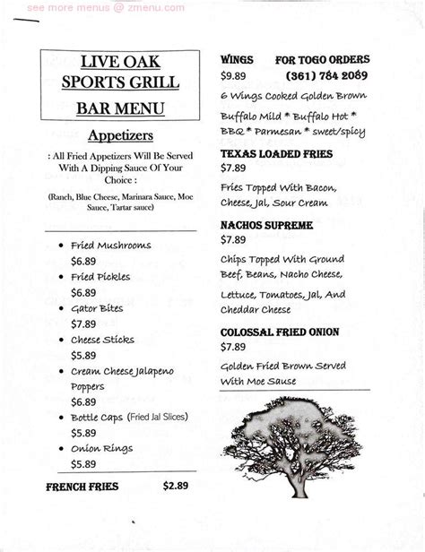 Menu At Live Oak Restaurant Sports Grill Three Rivers