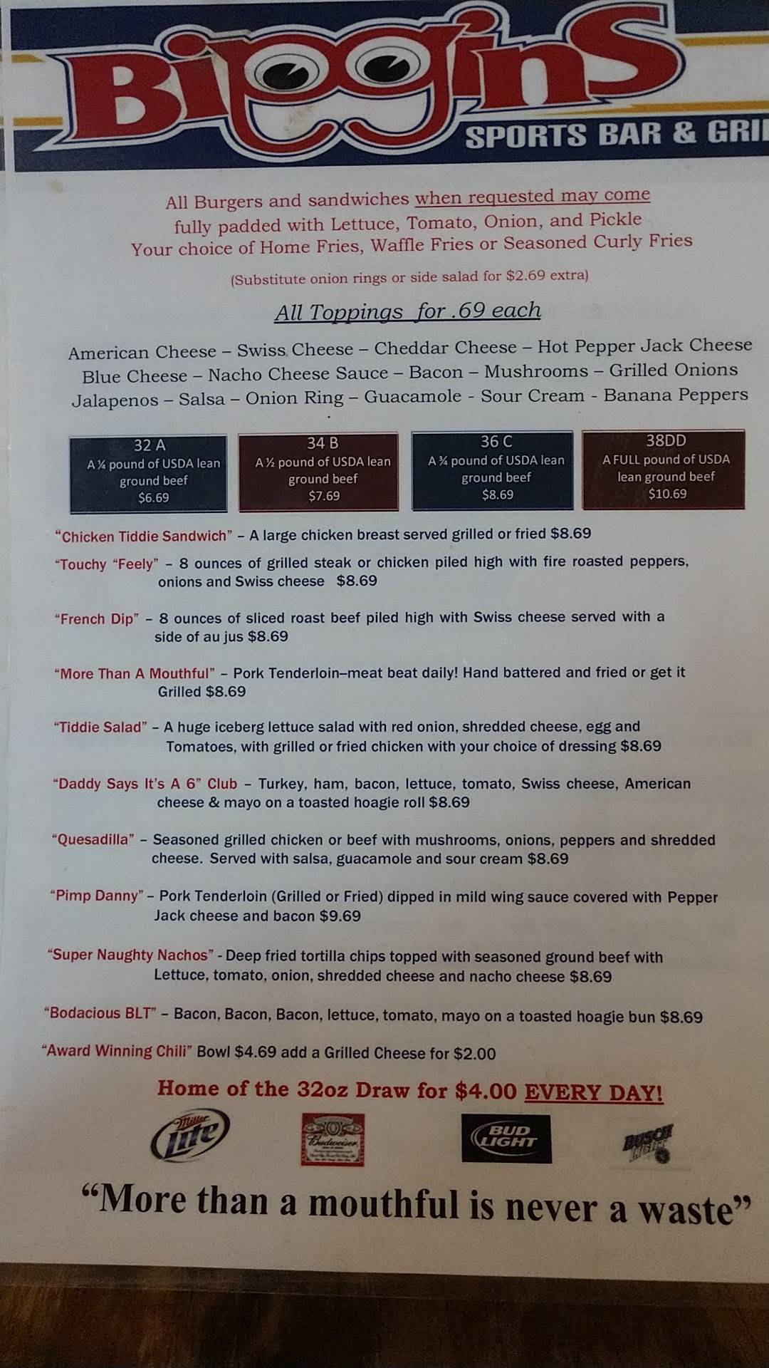 Menu Of Biggins Sports Bar Grill In Saint Joseph Mo 64501 Menu Of Biggins Sports Bar Grill In Saint Joseph Mo 64501