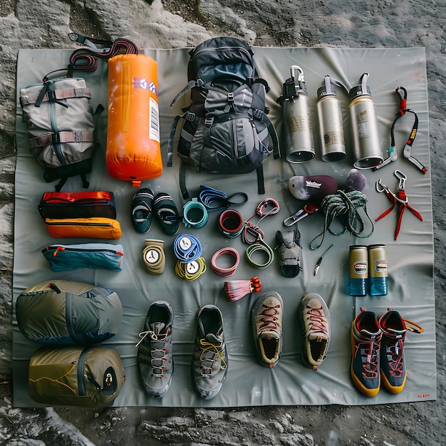 Premium Photo Rock Climbing Gear Layout Essential Equipment For Premium Photo Rock Climbing Gear Layout Essential Equipment For
