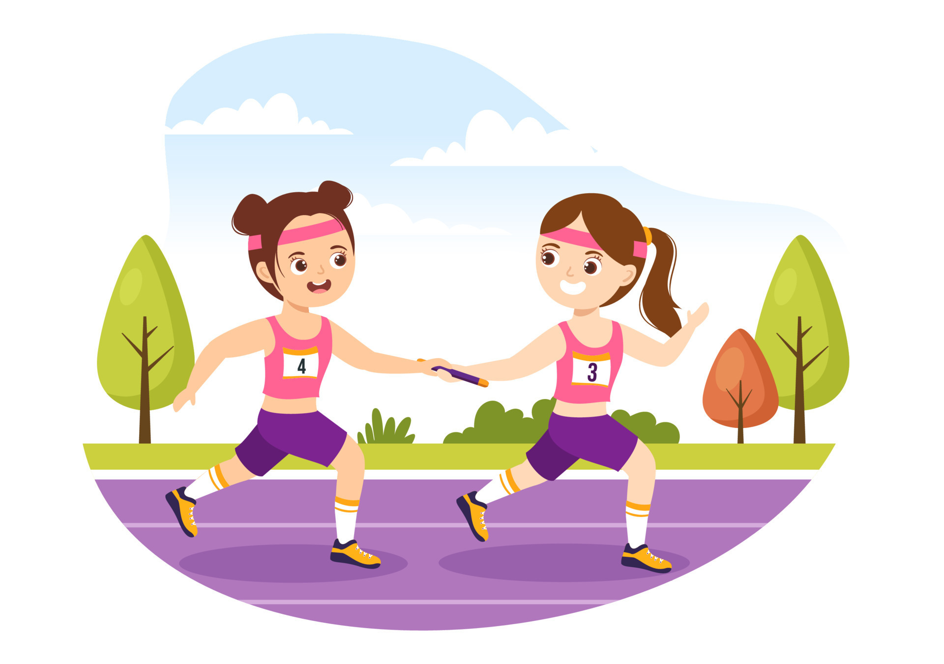 Relay Race Illustration Kids By Passing The Baton To Teammates Until